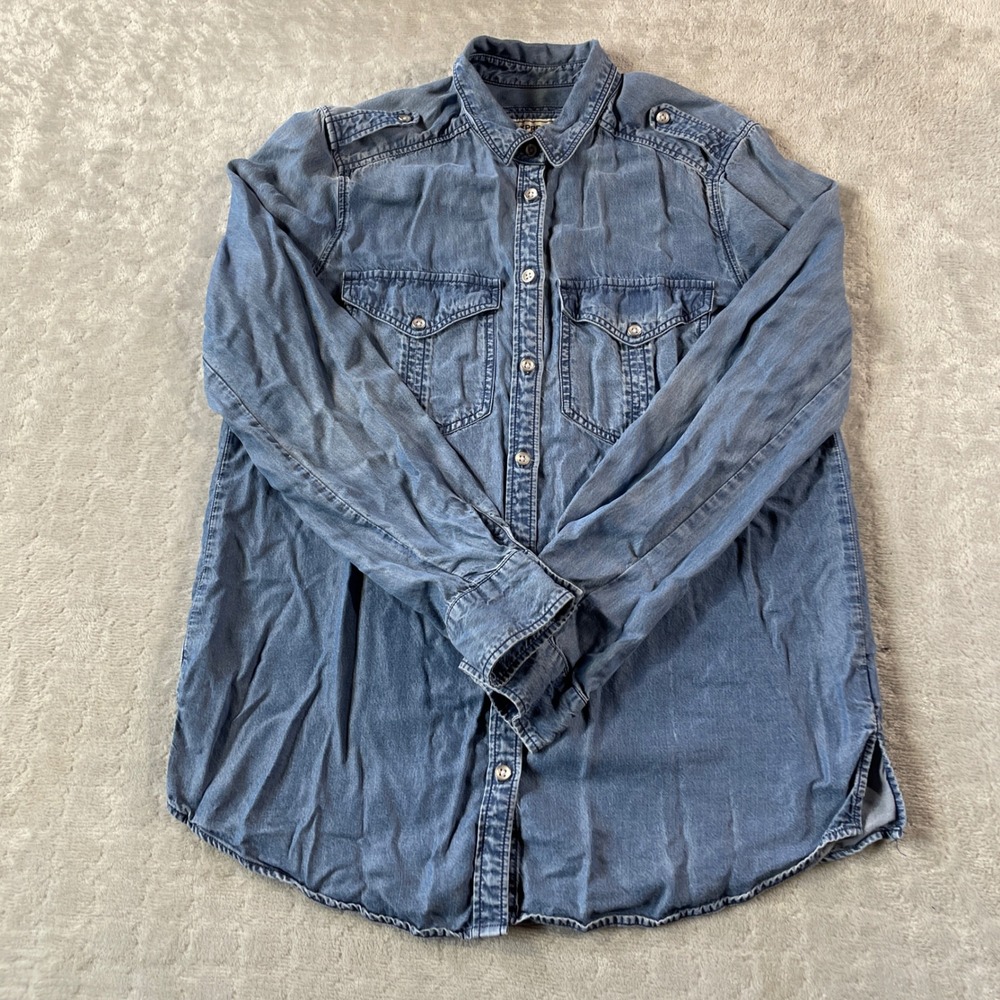Express Shirt Womens Small‎ Blue Boyfriend Chambray Denim Snap Preppy Lyocell